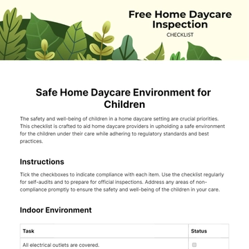 Free Home Daycare Inspection Checklist Template to Edit Online