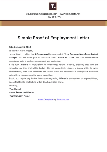 Free Simple Proof of Employment Letter Template to Edit Online