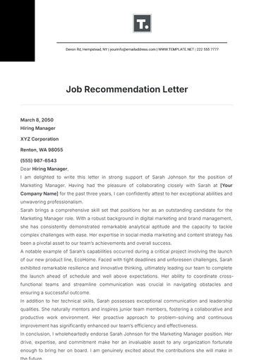 Free Job Recommendation Letter Template to Edit Online