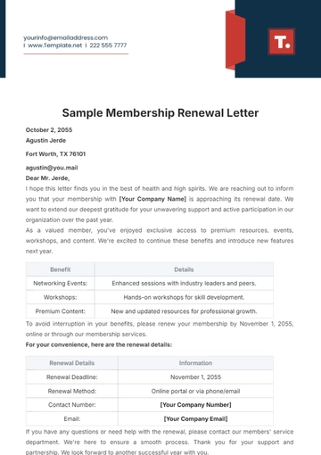 Free Sample Membership Renewal Letter Template to Edit Online