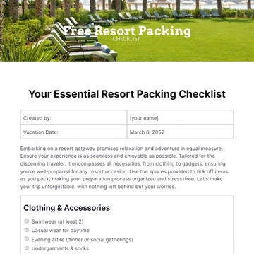 Free Resort Packing Checklist Template to Edit Online