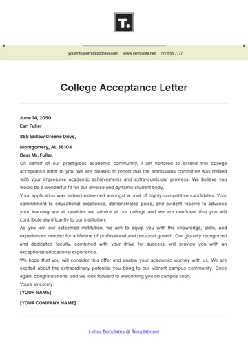 Free College Acceptance Letter template to Edit Online