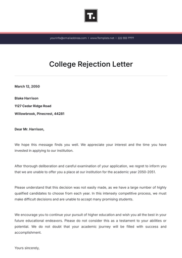 Free College Rejection Letter Template to Edit Online