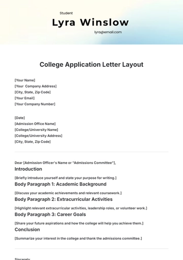 Free College Application Letter Layout Template to Edit Online