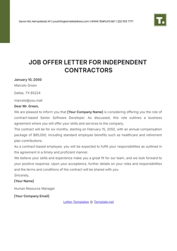 Free Job Offer Letter for Independent Contractors Template to Edit Online