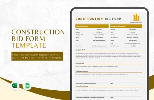 Construction Bid Form Template