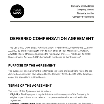 Free Deferred Compensation Agreement HR Template to Edit Online