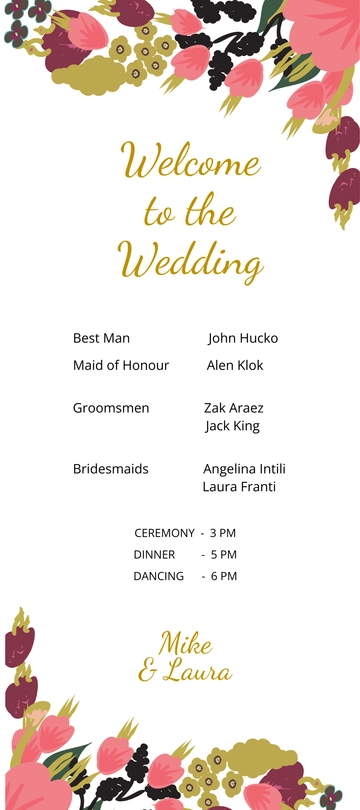 Free Pink Floral Wedding Program Card Template to Edit Online