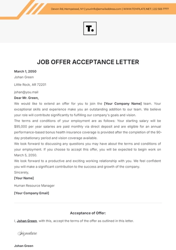 Free Job Offer Acceptance Letter Template to Edit Online