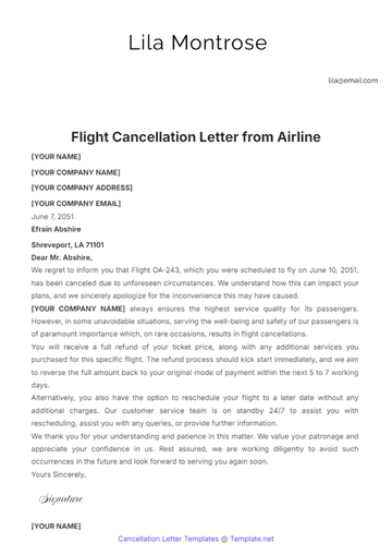 Free Flight Cancellation Letter from Airline Template to Edit Online