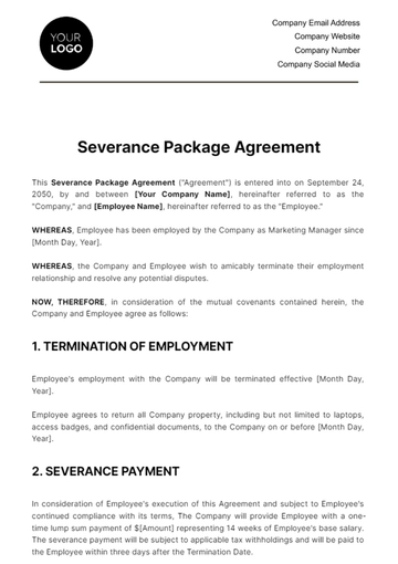 Free Severance Package Agreement HR Template to Edit Online