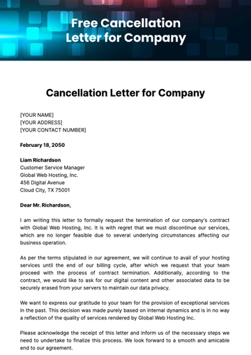 Free Cancellation Letter for Company Template to Edit Online