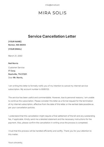 Free Service Cancellation Letter Template to Edit Online