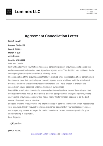 Free Agreement Cancellation Letter Template to Edit Online