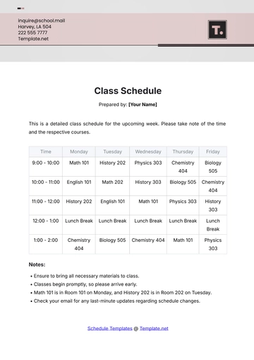 Free Class Schedule Template to Edit Online