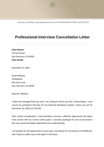 Free Professional Interview Cancellation Letter Template to Edit Online