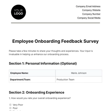 Free Employee Onboarding Feedback Survey HR Template to Edit Online