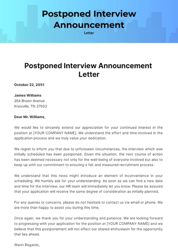 Free Postponed Interview Announcement Letter Template to Edit Online