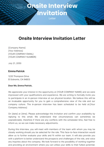 Free Onsite Interview Invitation Letter Template to Edit Online