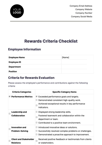 Free Rewards Criteria Checklist HR Template to Edit Online