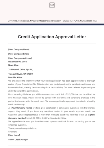 Free Credit Application Approval Letter Template to Edit Online
