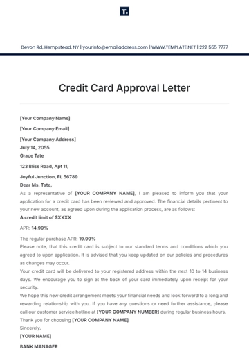 Free Credit Card Approval Letter Template to Edit Online