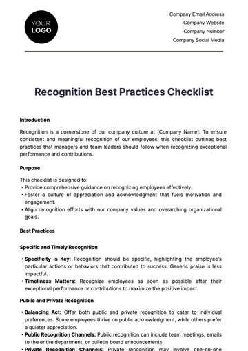 Free Recognition Best Practices Checklist HR Template to Edit Online