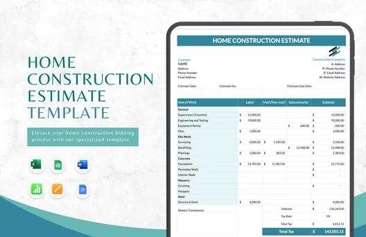 Home Construction Estimate Template