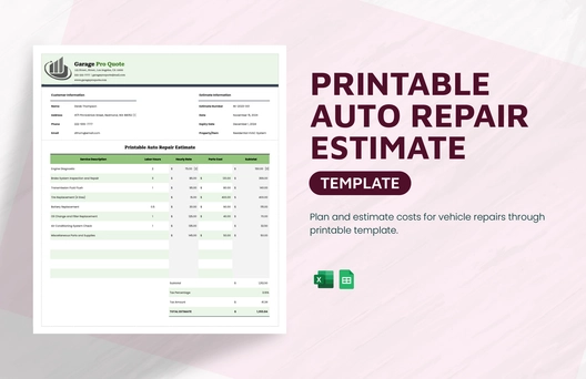Printable Auto Repair Estimate Template