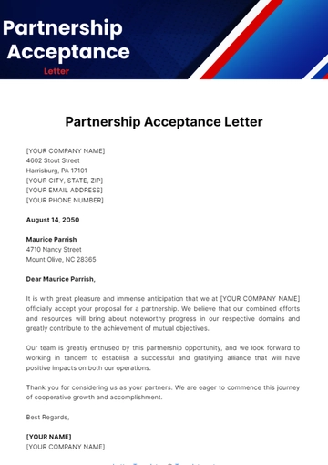 Free Partnership Acceptance Letter Template to Edit Online