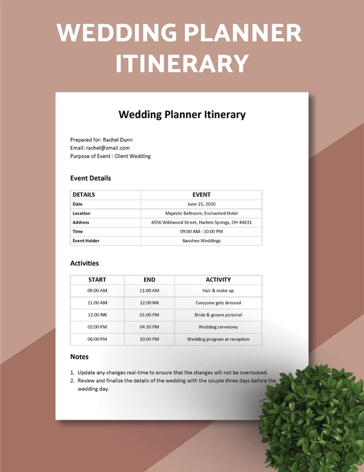 Wedding Planner Itinerary Template