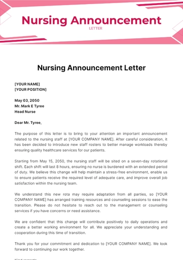Free Nursing Announcement Letter Template to Edit Online