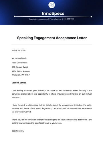 Free Speaking Engagement Acceptance Letter Template to Edit Online