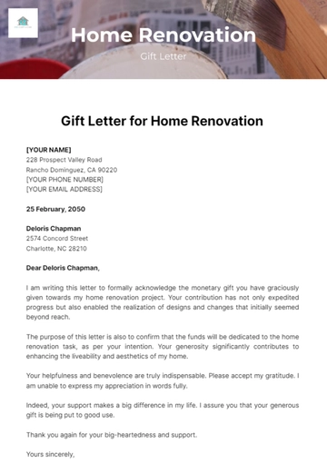 Free Gift Letter for Home Renovation Template to Edit Online