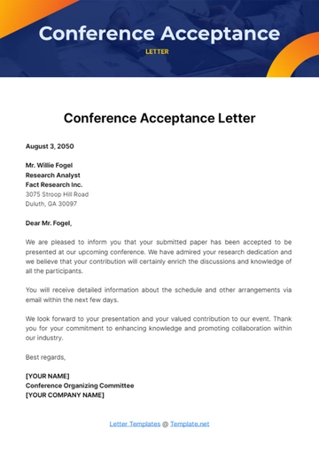 Free Conference Acceptance Letter Template to Edit Online