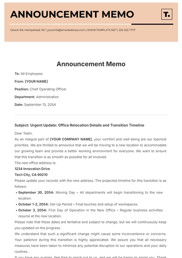 Free Announcement Memo Template to Edit Online