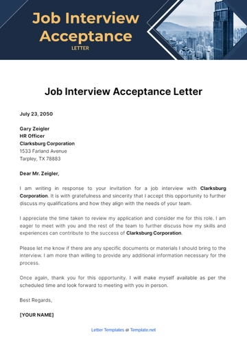 Free Job Interview Acceptance Letter Template to Edit Online