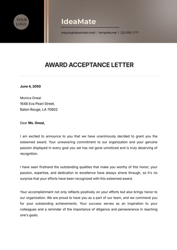 Free Award Acceptance Letter Template to Edit Online