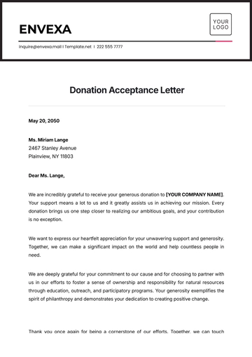 Free Donation Acceptance Letter Template to Edit Online