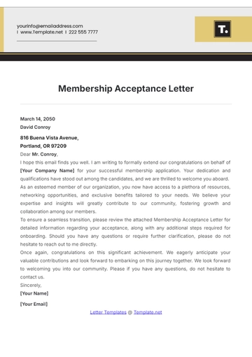 Free Membership Acceptance Letter Template to Edit Online