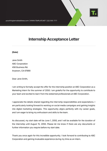Free Internship Acceptance Letter Template to Edit Online
