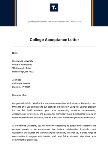 Free College Acceptance Letter Template to Edit Online