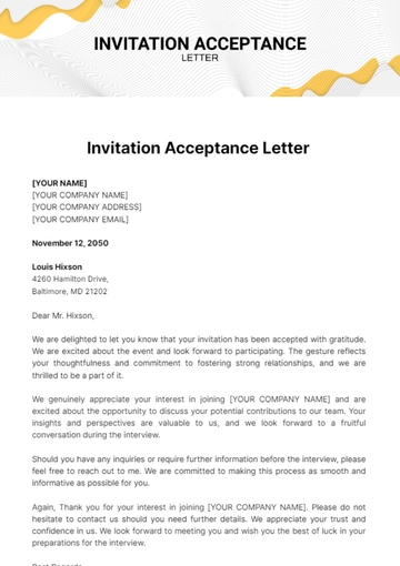 Free Invitation Acceptance Letter Template to Edit Online