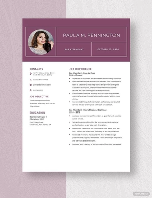 Bar Attendant Resume