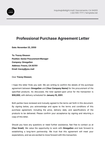 Free Professional Purchase Agreement Letter Template to Edit Online