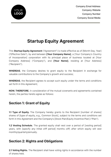 Free Startup Equity Agreement Template to Edit Online