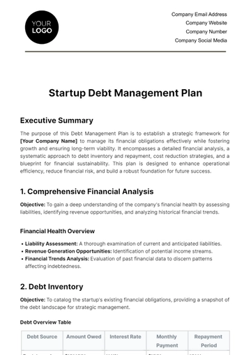 Free Startup Debt Management Plan Template to Edit Online