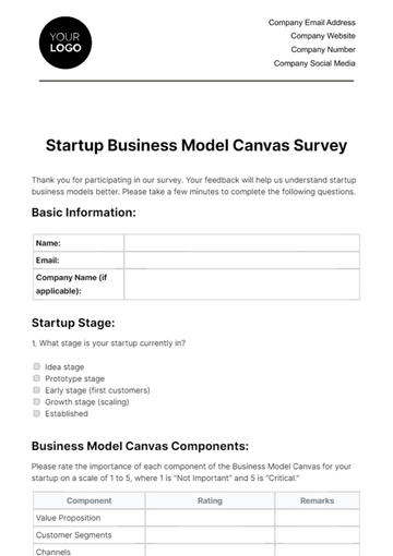 Free Startup Business Model Canvas Survey Template to Edit Online