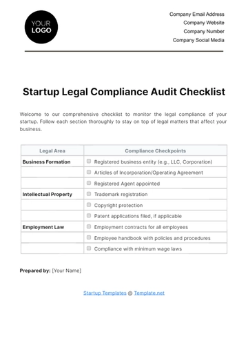 Free Startup Legal Compliance Audit Checklist Template to Edit Online