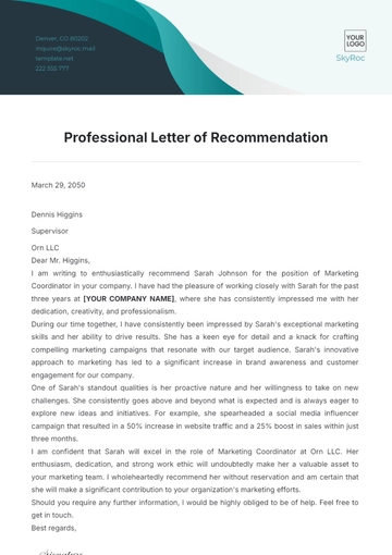 Free Professional Letter of Recommendation Template to Edit Online